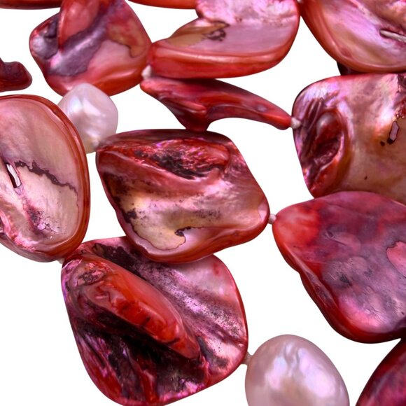 Red Pink Womens Shell & Pearl Long Necklace - Picture 5 of 6